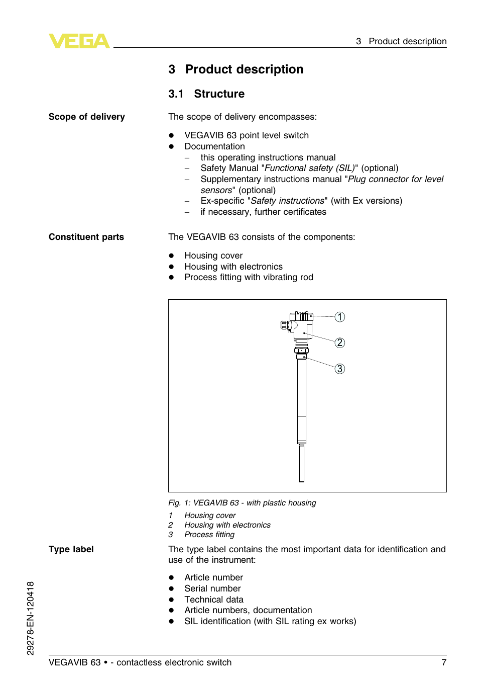 3 product description, 1 structure, 3product description | VEGA VEGAVIB 63 - contactless electronic switch User Manual | Page 7 / 36