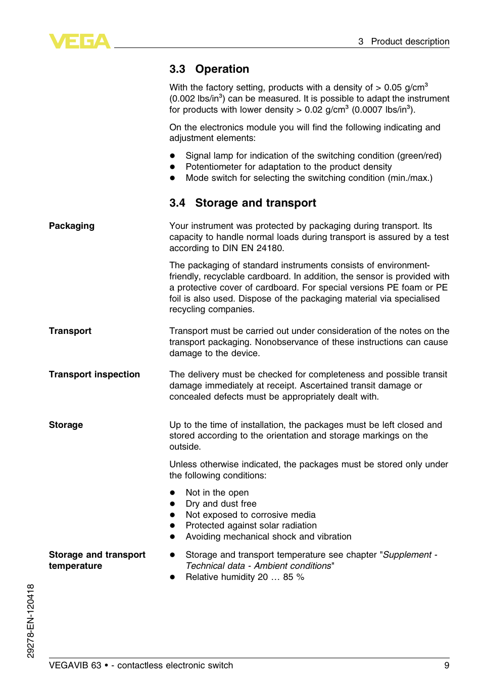 3 operation, 4 storage and transport | VEGA VEGAVIB 63 - contactless electronic switch User Manual | Page 9 / 36