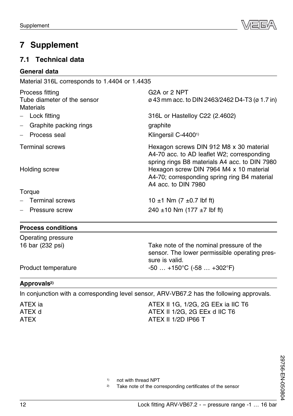 7 supplement, 1 technical data | VEGA VEGAVIB 67 Lock ﬁtting ARV-VB67.2 - pressure range: -1…16 bar User Manual | Page 12 / 16