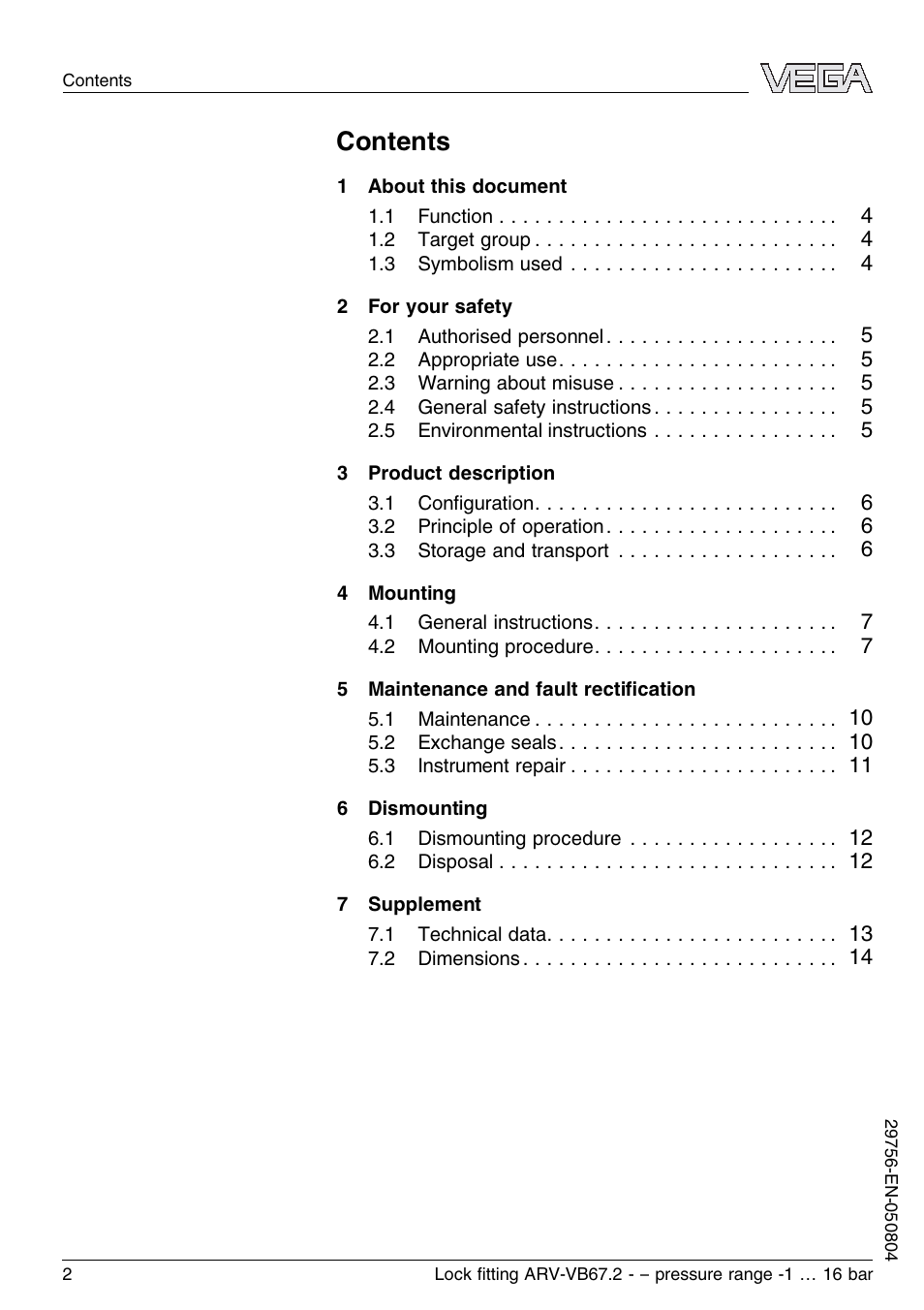 VEGA VEGAVIB 67 Lock ﬁtting ARV-VB67.2 - pressure range: -1…16 bar User Manual | Page 2 / 16