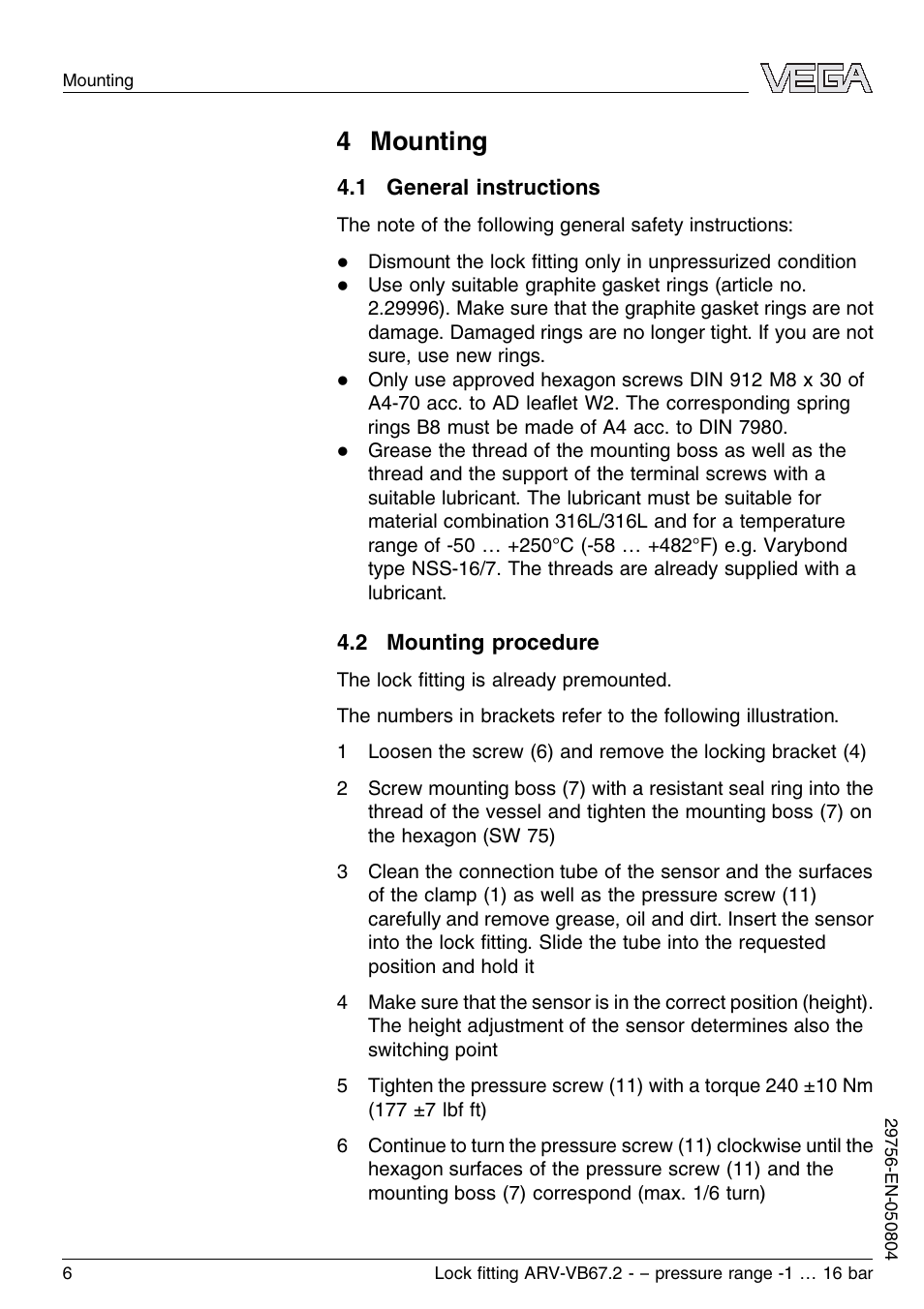 4 mounting, 1 general instructions, 2 mounting procedure | VEGA VEGAVIB 67 Lock ﬁtting ARV-VB67.2 - pressure range: -1…16 bar User Manual | Page 6 / 16