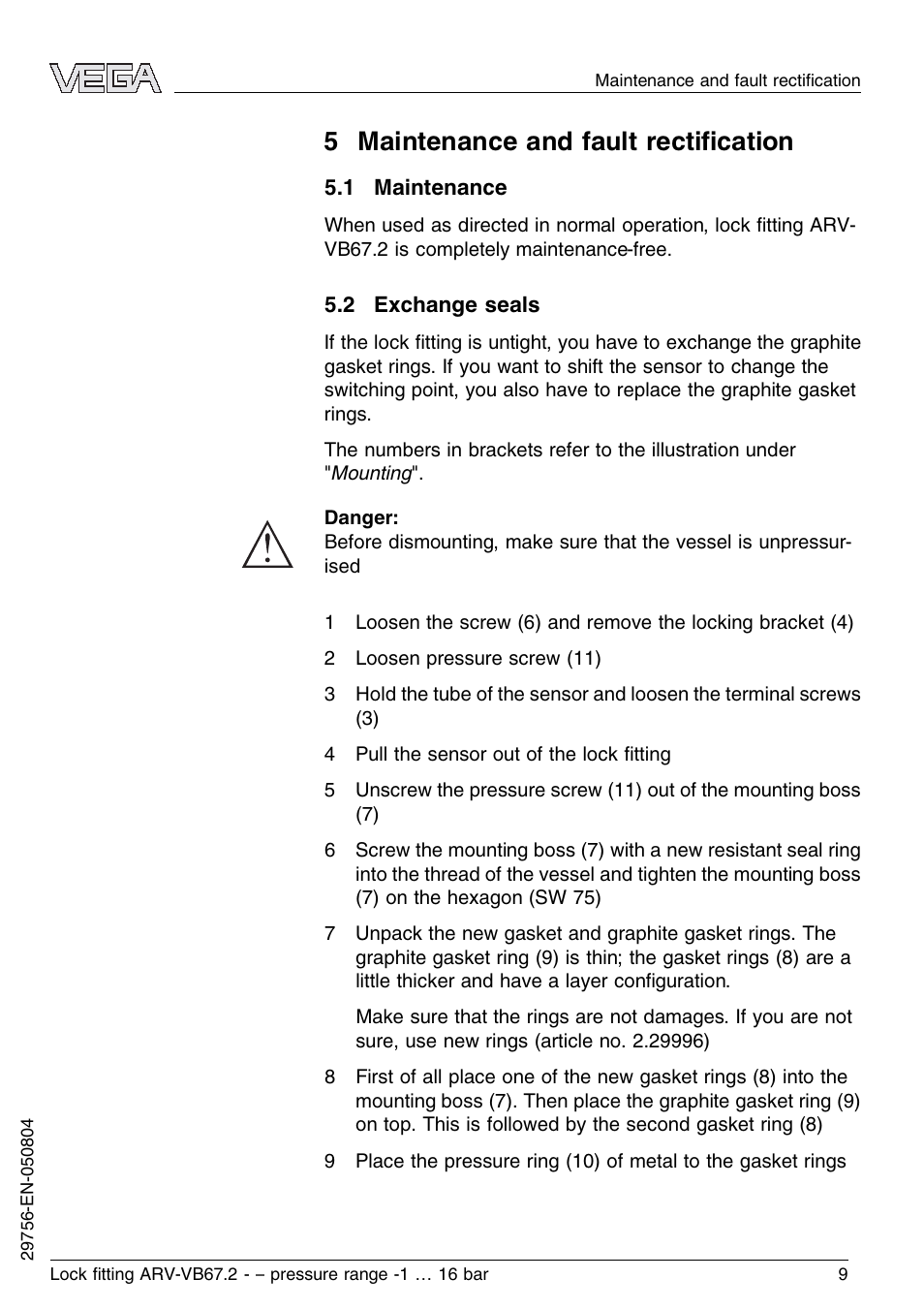5 maintenance and fault rectification, 1 maintenance, 2 exchange seals | 5 maintenance and fault rectiﬁcation | VEGA VEGAVIB 67 Lock ﬁtting ARV-VB67.2 - pressure range: -1…16 bar User Manual | Page 9 / 16