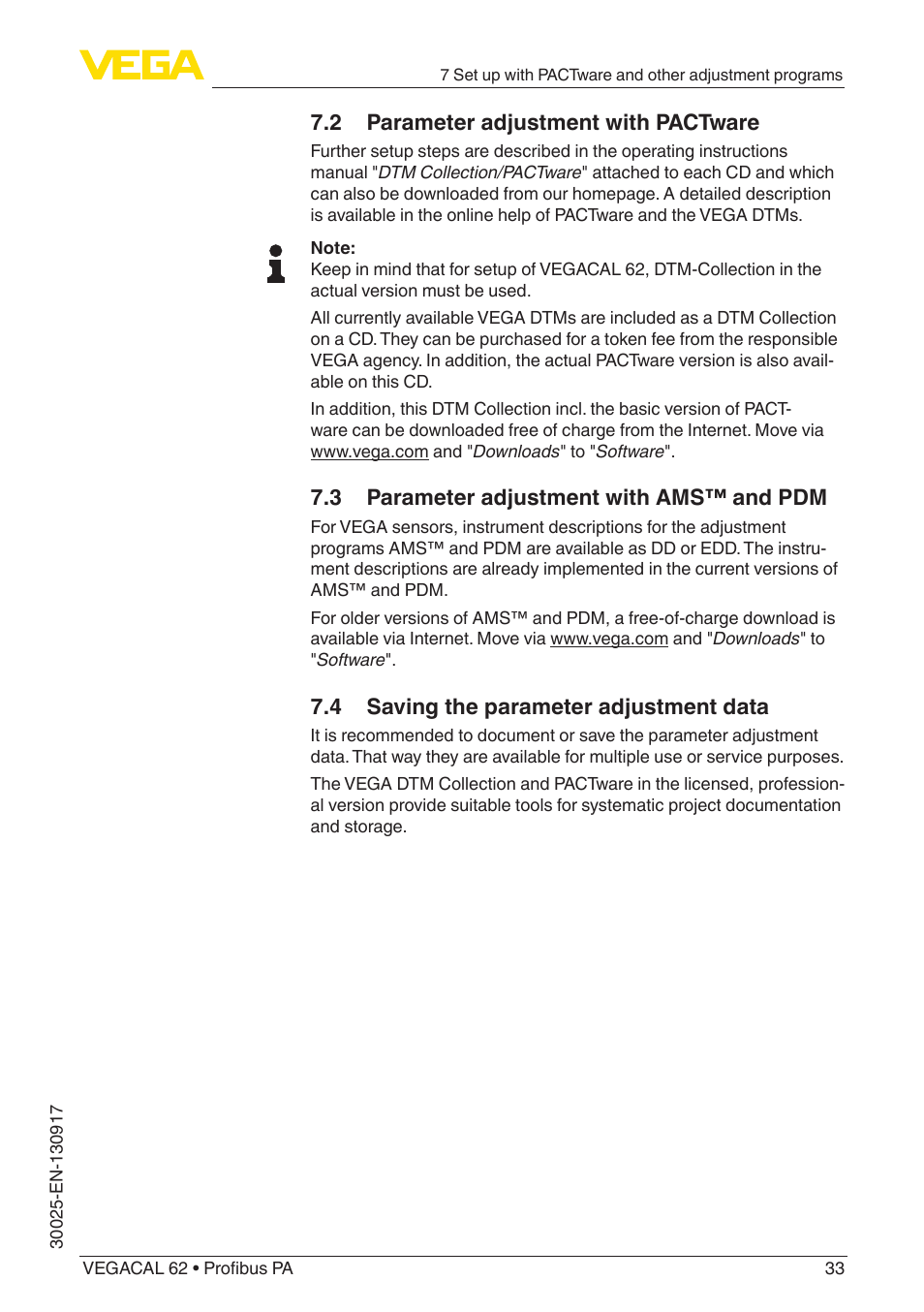 2 parameter adjustment with pactware, 4 saving the parameter adjustment data, 3 parameter adjustment with ams™ and pdm | VEGA VEGACAL 62 Profibus PA User Manual | Page 33 / 52