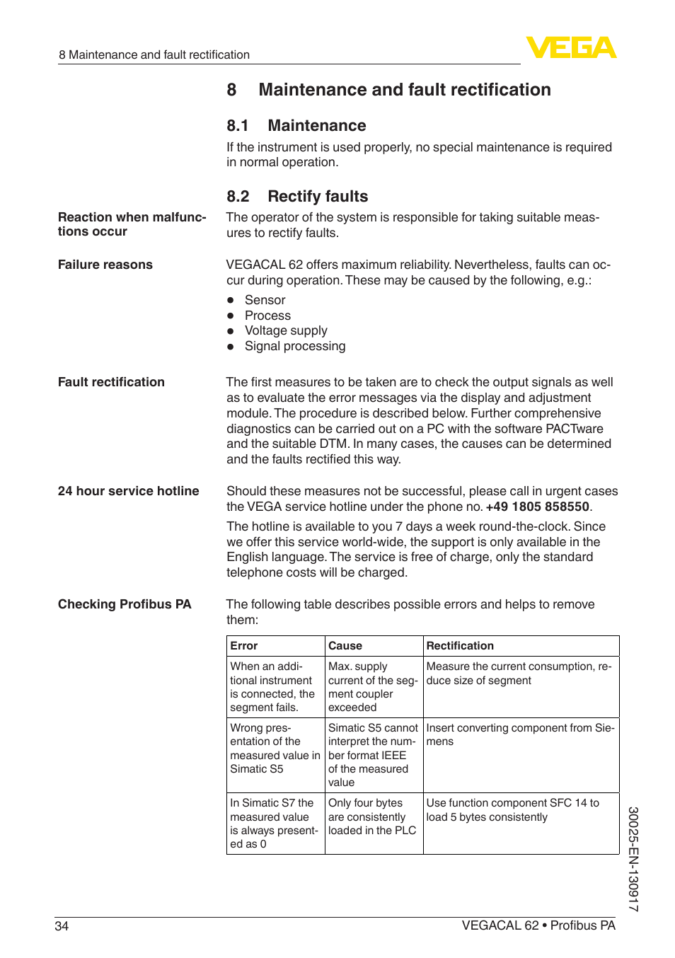 8 maintenance and fault rectification, 1 maintenance, 2 rectify faults | VEGA VEGACAL 62 Profibus PA User Manual | Page 34 / 52