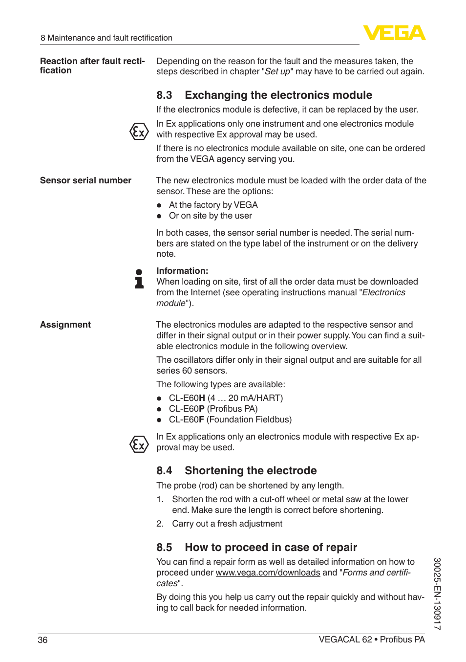 3 exchanging the electronics module, 4 shortening the electrode, 5 how to proceed in case of repair | VEGA VEGACAL 62 Profibus PA User Manual | Page 36 / 52