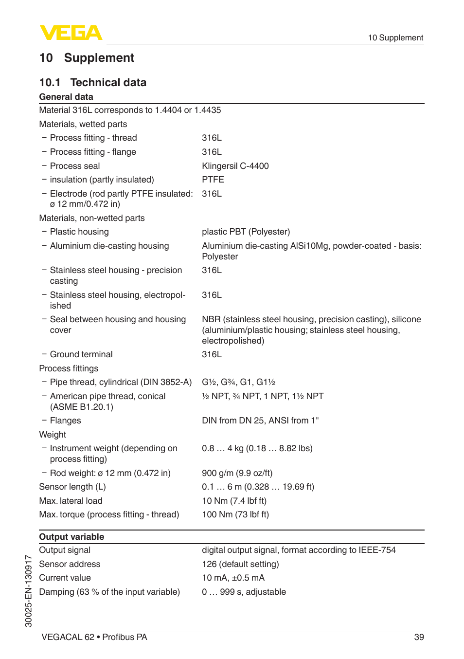 10 supplement, 1 technical data | VEGA VEGACAL 62 Profibus PA User Manual | Page 39 / 52