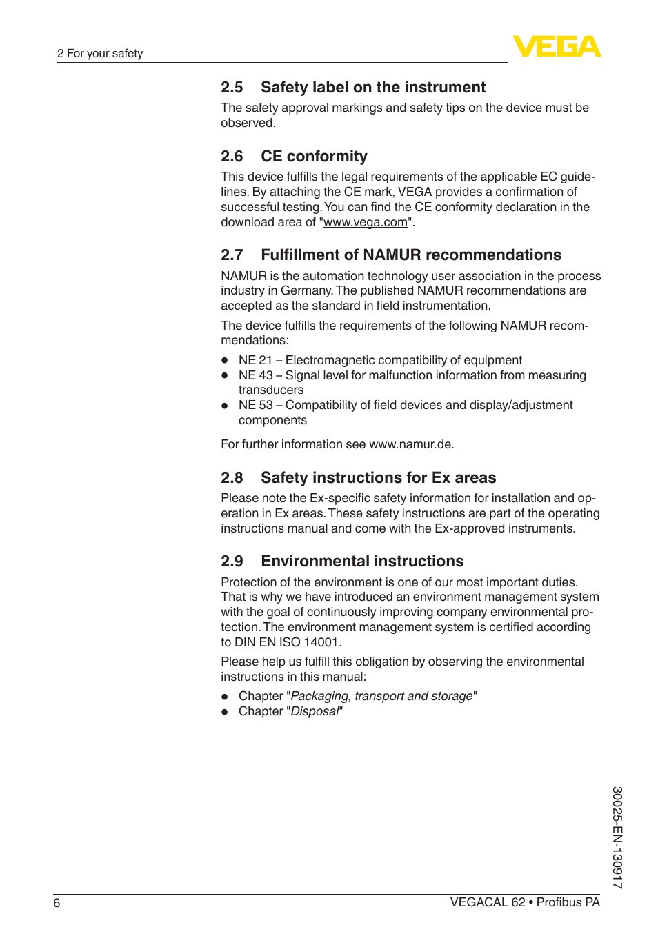 5 safety label on the instrument, 6 ce conformity, 7 fulfillment of namur recommendations | 8 safety instructions for ex areas, 9 environmental instructions | VEGA VEGACAL 62 Profibus PA User Manual | Page 6 / 52