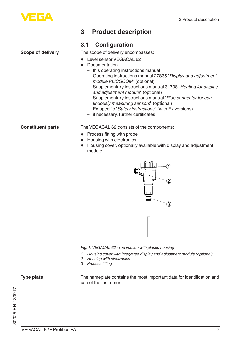 3 product description, 1 configuration | VEGA VEGACAL 62 Profibus PA User Manual | Page 7 / 52