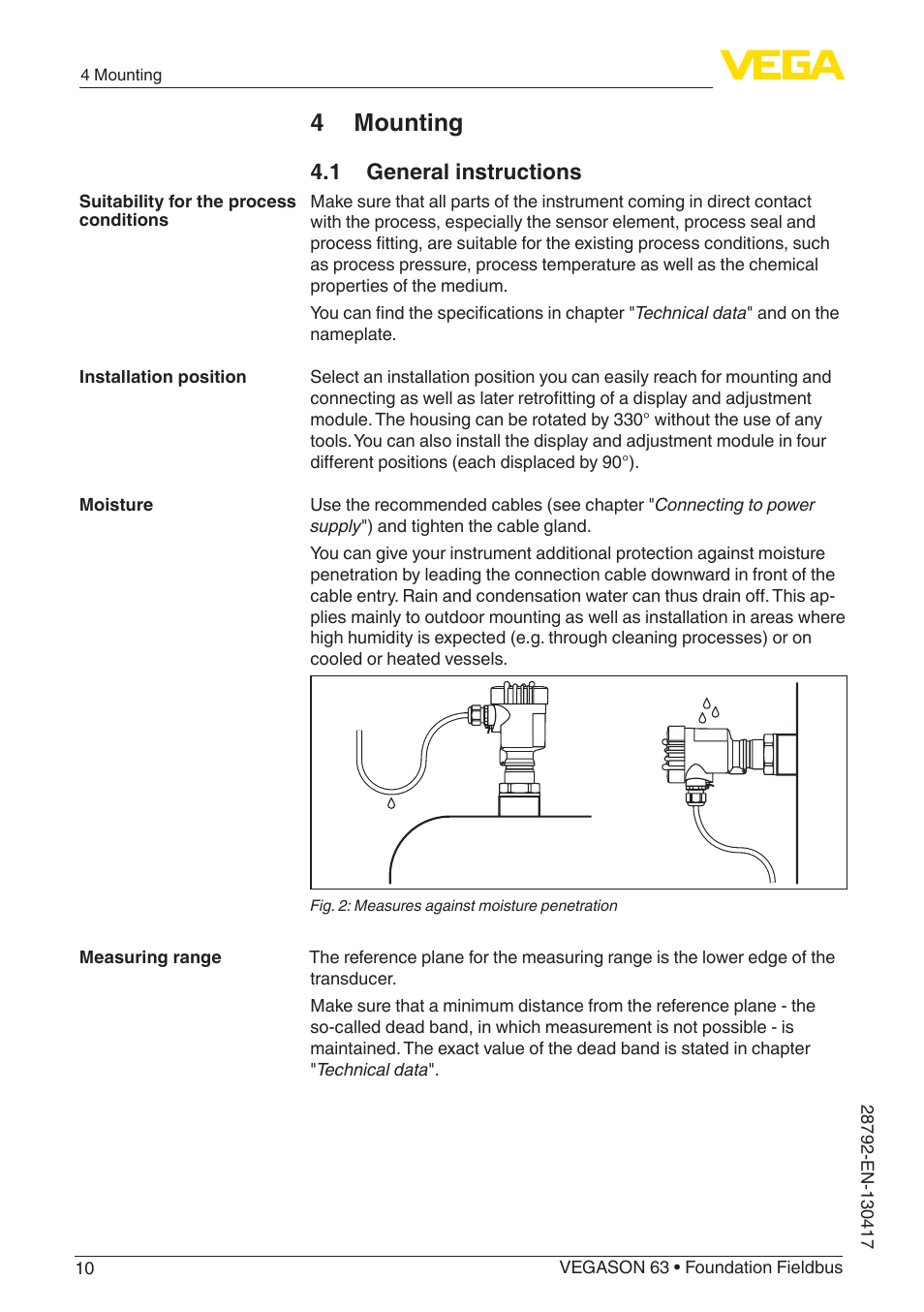 4 mounting, 1 general instructions | VEGA VEGASON 63 Foundation Fieldbus User Manual | Page 10 / 52