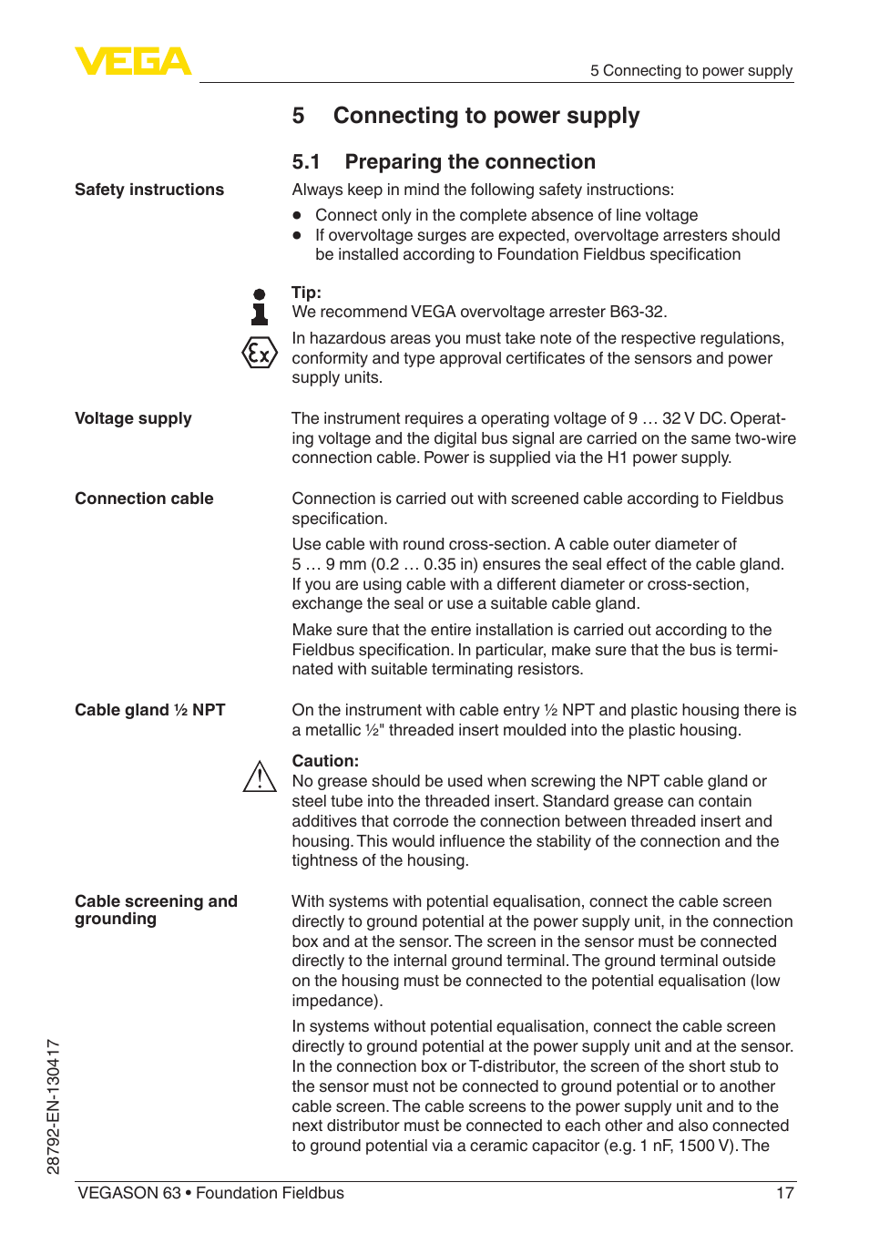 5 connecting to power supply, 1 preparing the connection | VEGA VEGASON 63 Foundation Fieldbus User Manual | Page 17 / 52