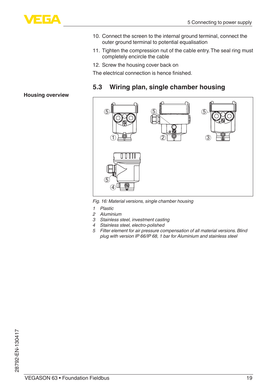 3 wiring plan, single chamber housing | VEGA VEGASON 63 Foundation Fieldbus User Manual | Page 19 / 52