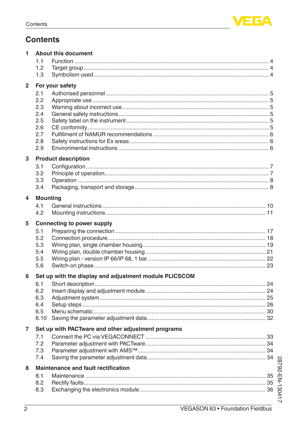 VEGA VEGASON 63 Foundation Fieldbus User Manual | Page 2 / 52