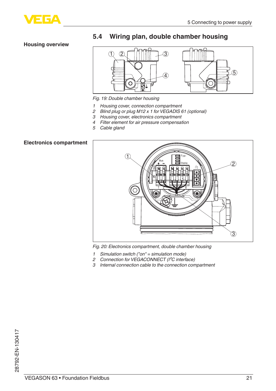 4 wiring plan, double chamber housing | VEGA VEGASON 63 Foundation Fieldbus User Manual | Page 21 / 52