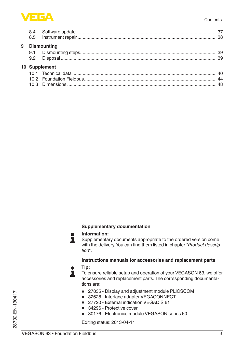 VEGA VEGASON 63 Foundation Fieldbus User Manual | Page 3 / 52