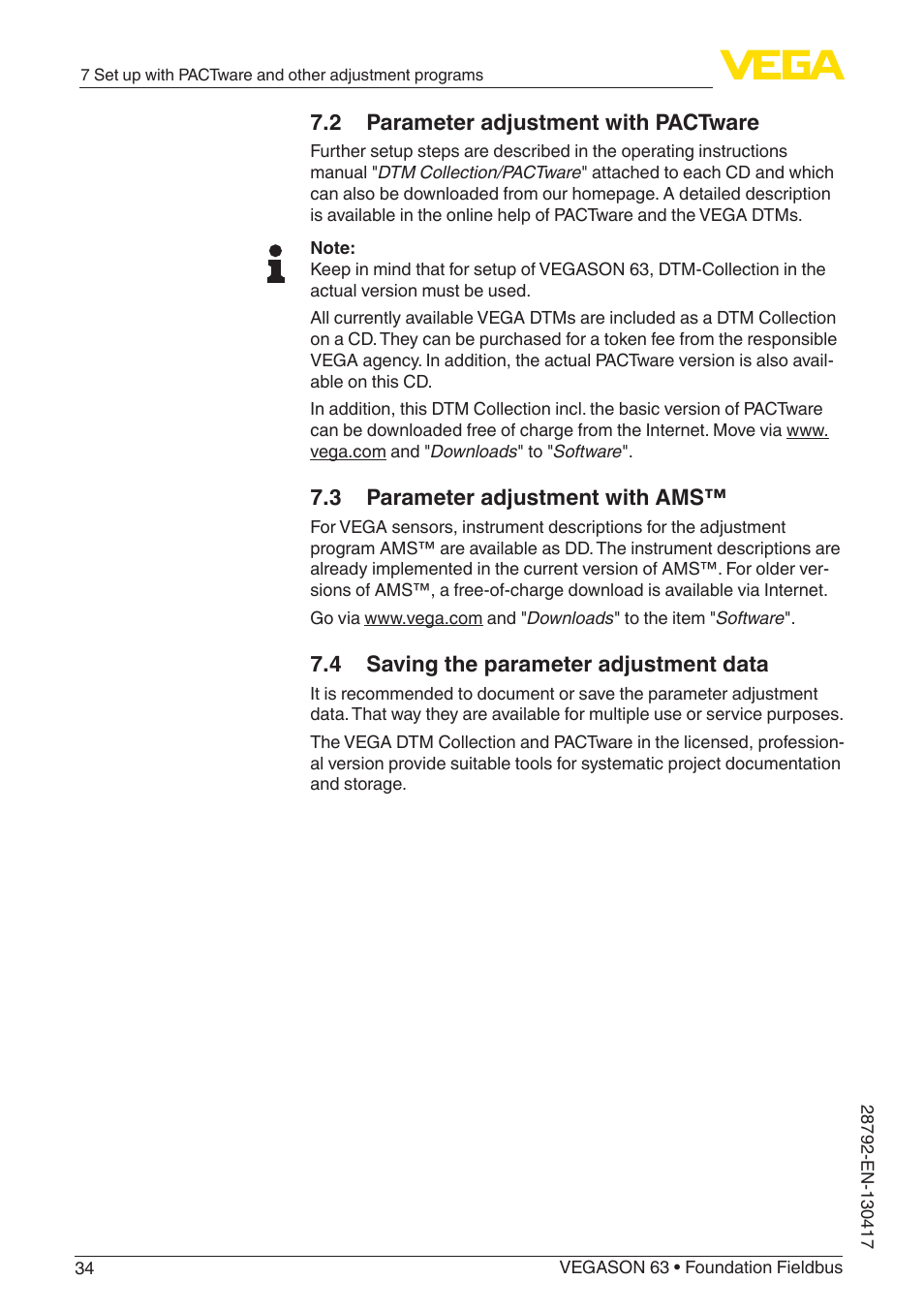 2 parameter adjustment with pactware, 3 parameter adjustment with ams, 4 saving the parameter adjustment data | VEGA VEGASON 63 Foundation Fieldbus User Manual | Page 34 / 52