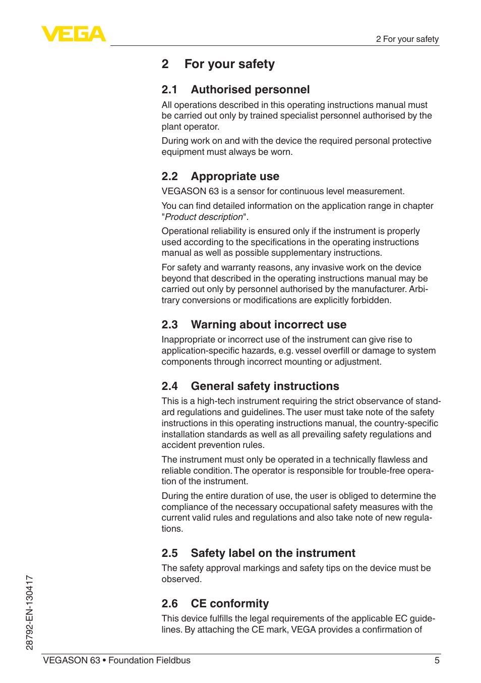 2 for your safety | VEGA VEGASON 63 Foundation Fieldbus User Manual | Page 5 / 52