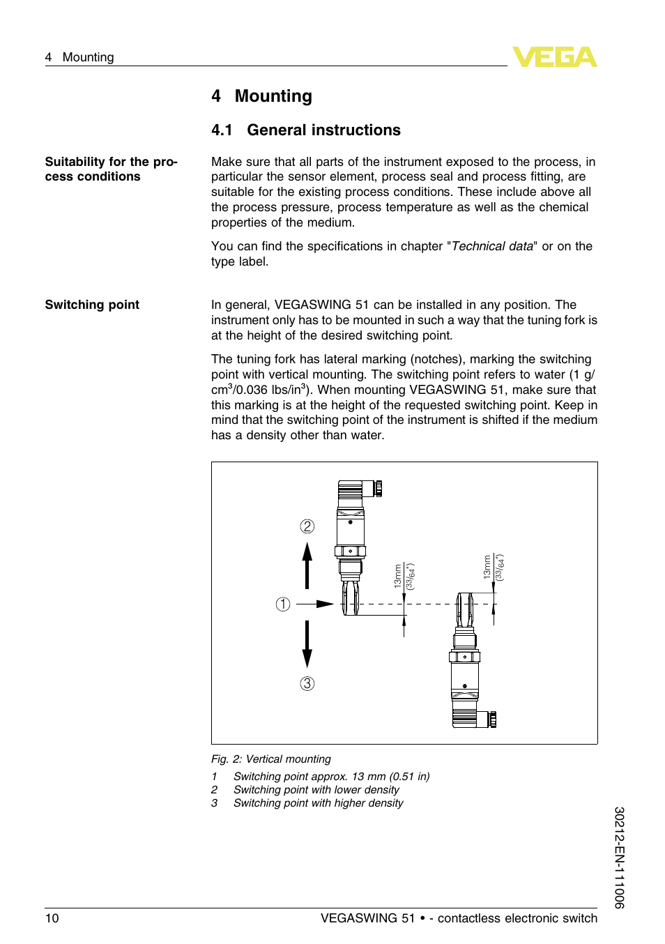 4 mounting, 1 general instructions, 4mounting | VEGA VEGASWING 51 - contactless electronic switch User Manual | Page 10 / 36
