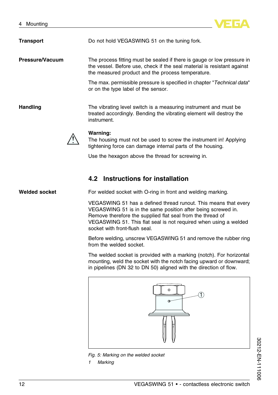 2 instructions for installation | VEGA VEGASWING 51 - contactless electronic switch User Manual | Page 12 / 36