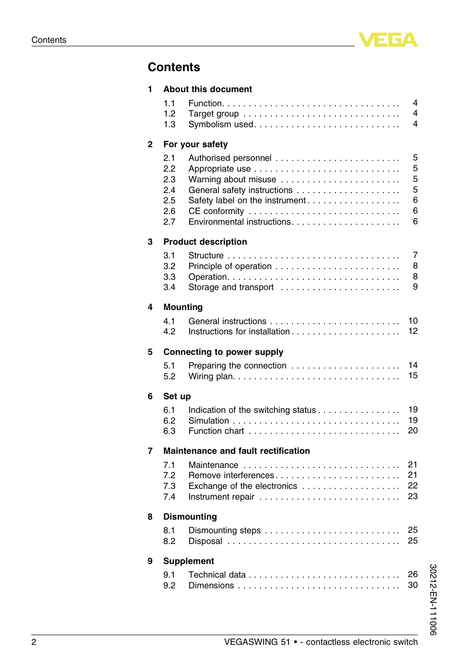 VEGA VEGASWING 51 - contactless electronic switch User Manual | Page 2 / 36