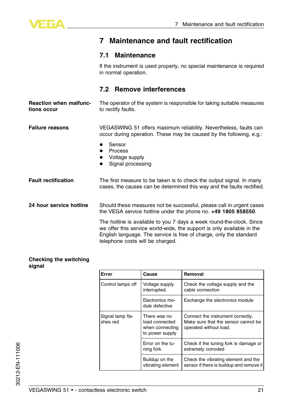 7 maintenance and fault rectification, 1 maintenance, 2 remove interferences | 7maintenance and fault rectiﬁcation | VEGA VEGASWING 51 - contactless electronic switch User Manual | Page 21 / 36