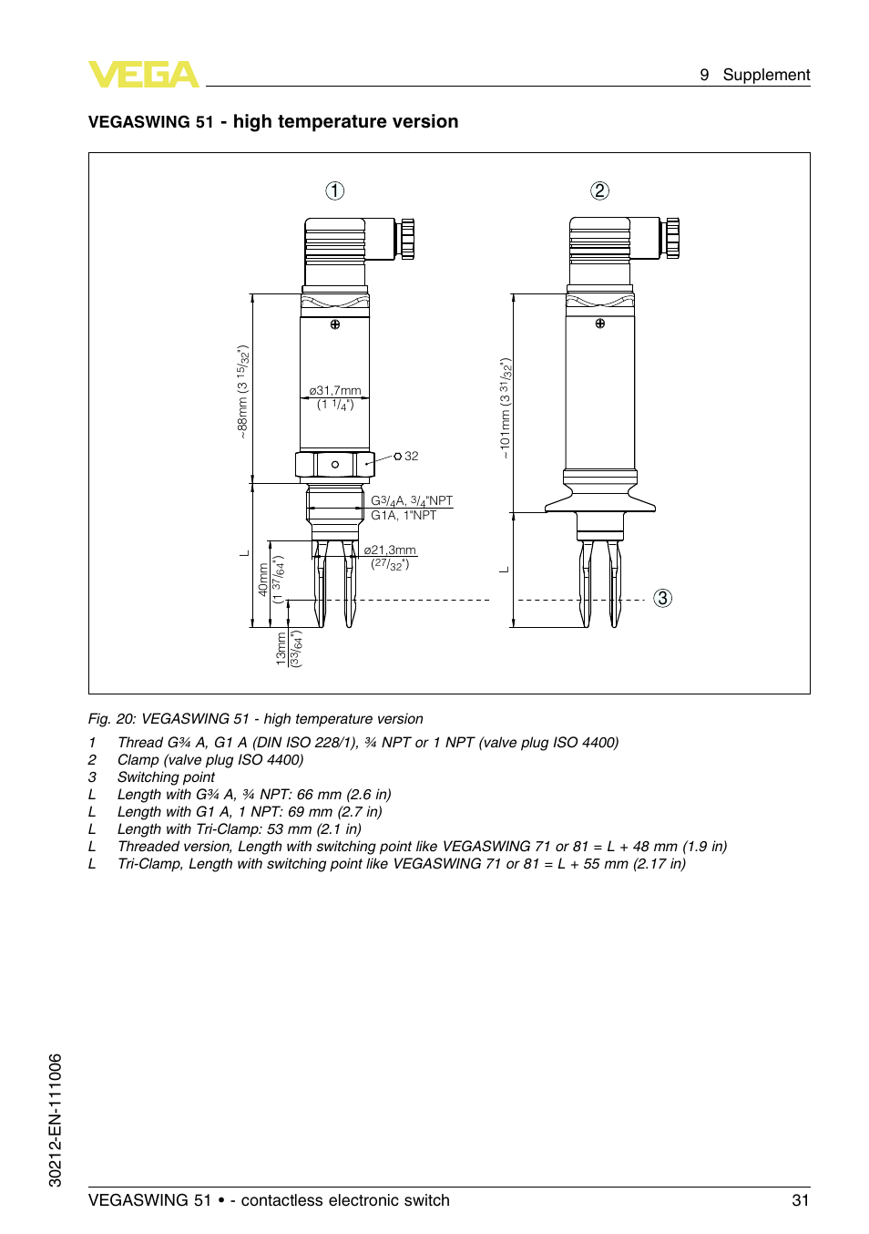 High temperature version, Vegaswing 51 | VEGA VEGASWING 51 - contactless electronic switch User Manual | Page 31 / 36