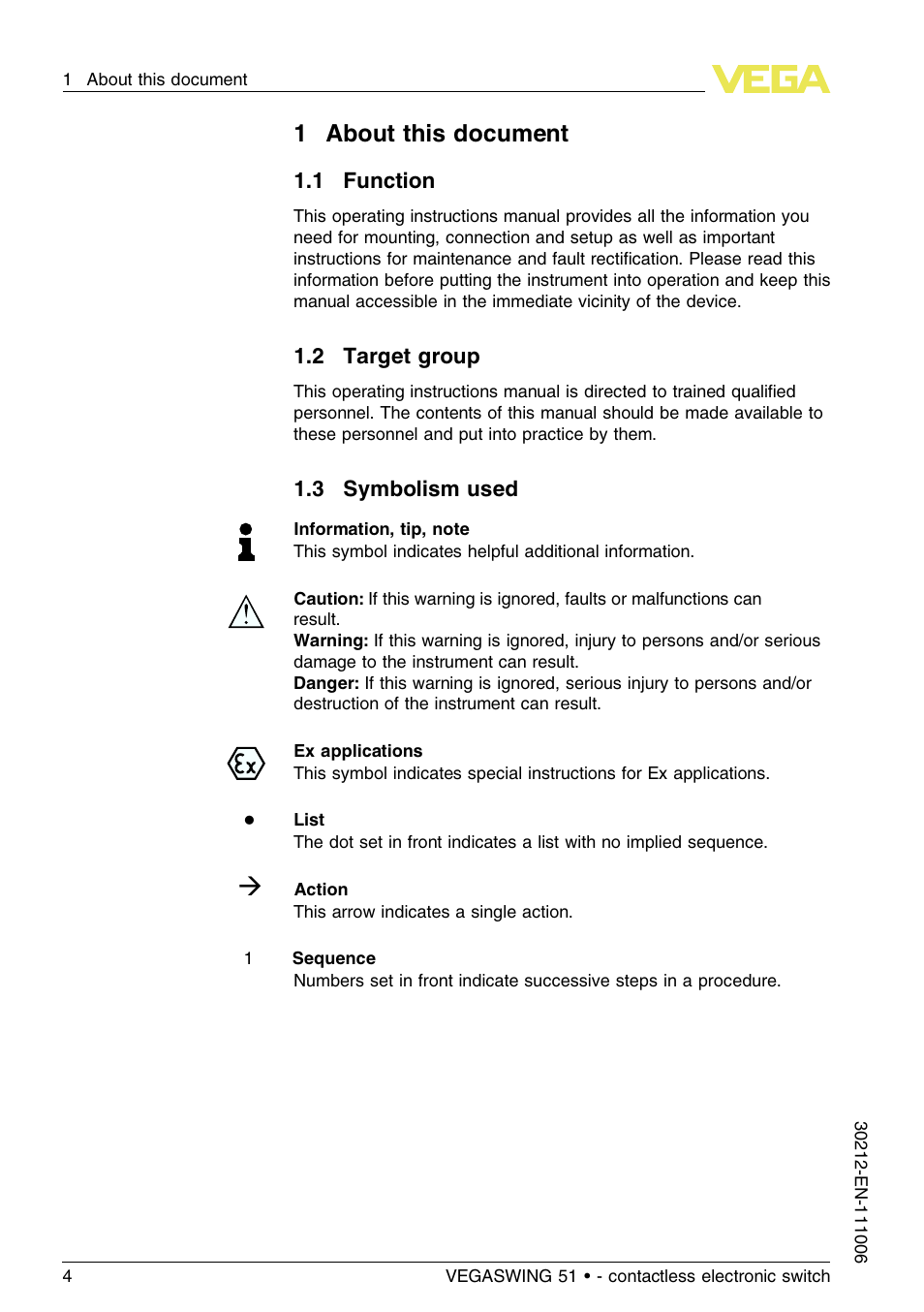 2 target group, 3 symbolism used, 1about this document | VEGA VEGASWING 51 - contactless electronic switch User Manual | Page 4 / 36