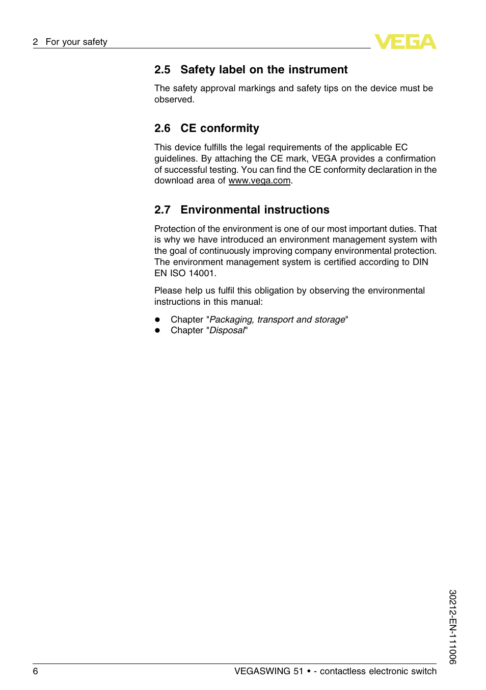 5 safety label on the instrument, 6 ce conformity, 7 environmental instructions | VEGA VEGASWING 51 - contactless electronic switch User Manual | Page 6 / 36