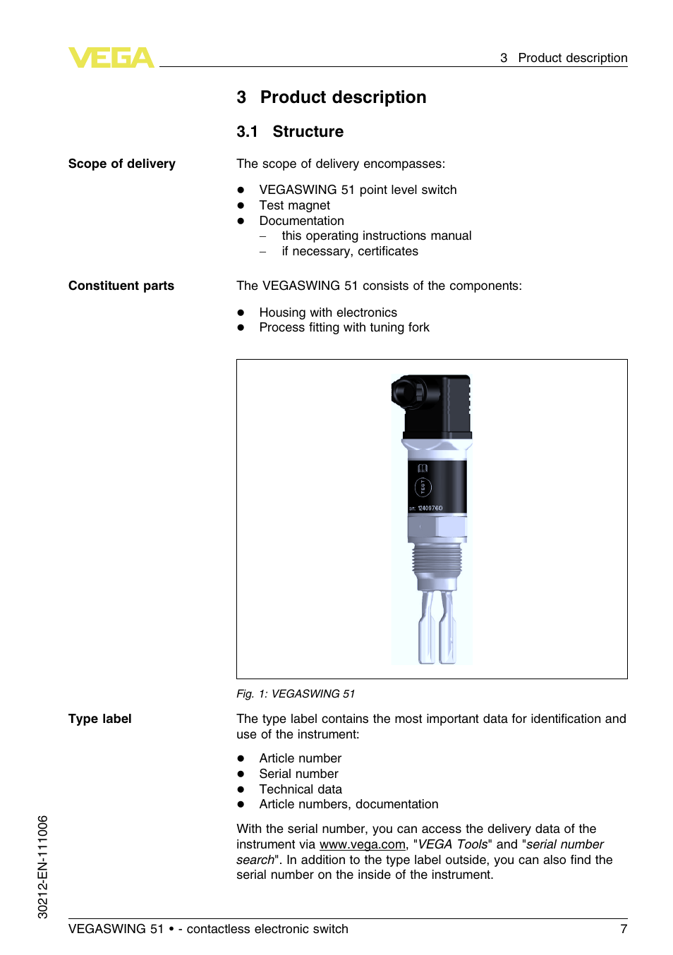 3 product description, 1 structure, 3product description | VEGA VEGASWING 51 - contactless electronic switch User Manual | Page 7 / 36