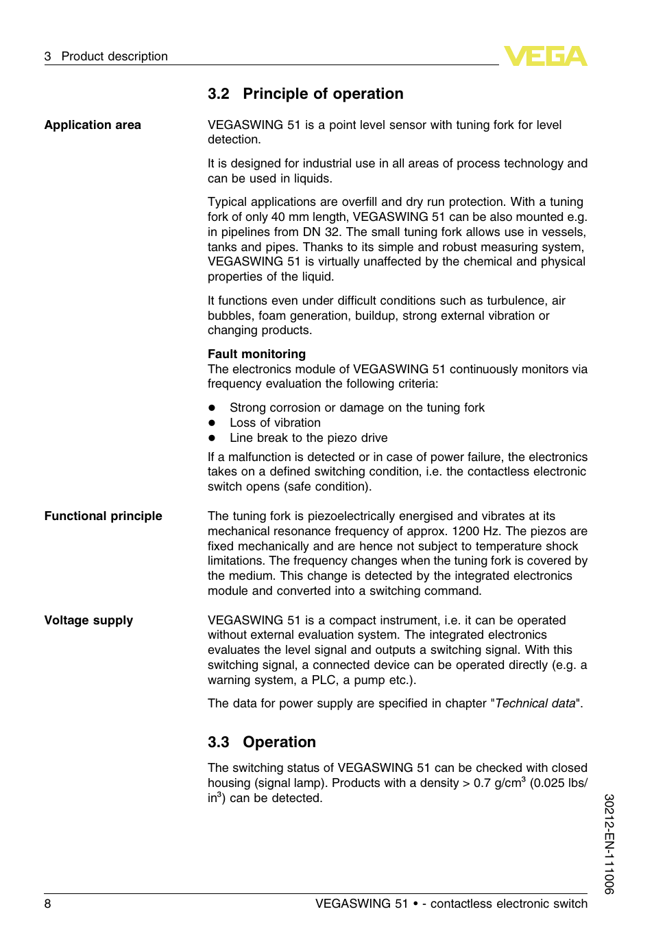 2 principle of operation, 3 operation | VEGA VEGASWING 51 - contactless electronic switch User Manual | Page 8 / 36