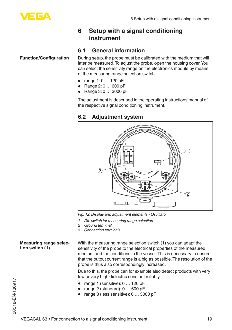 6 setup with a signal conditioning instrument, 1 general information, 2 adjustment system | VEGA VEGACAL 63 For connection to a signal conditioning instrument User Manual | Page 19 / 36