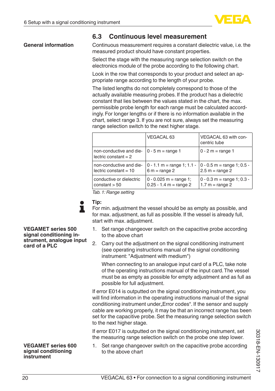 3 continuous level measurement | VEGA VEGACAL 63 For connection to a signal conditioning instrument User Manual | Page 20 / 36