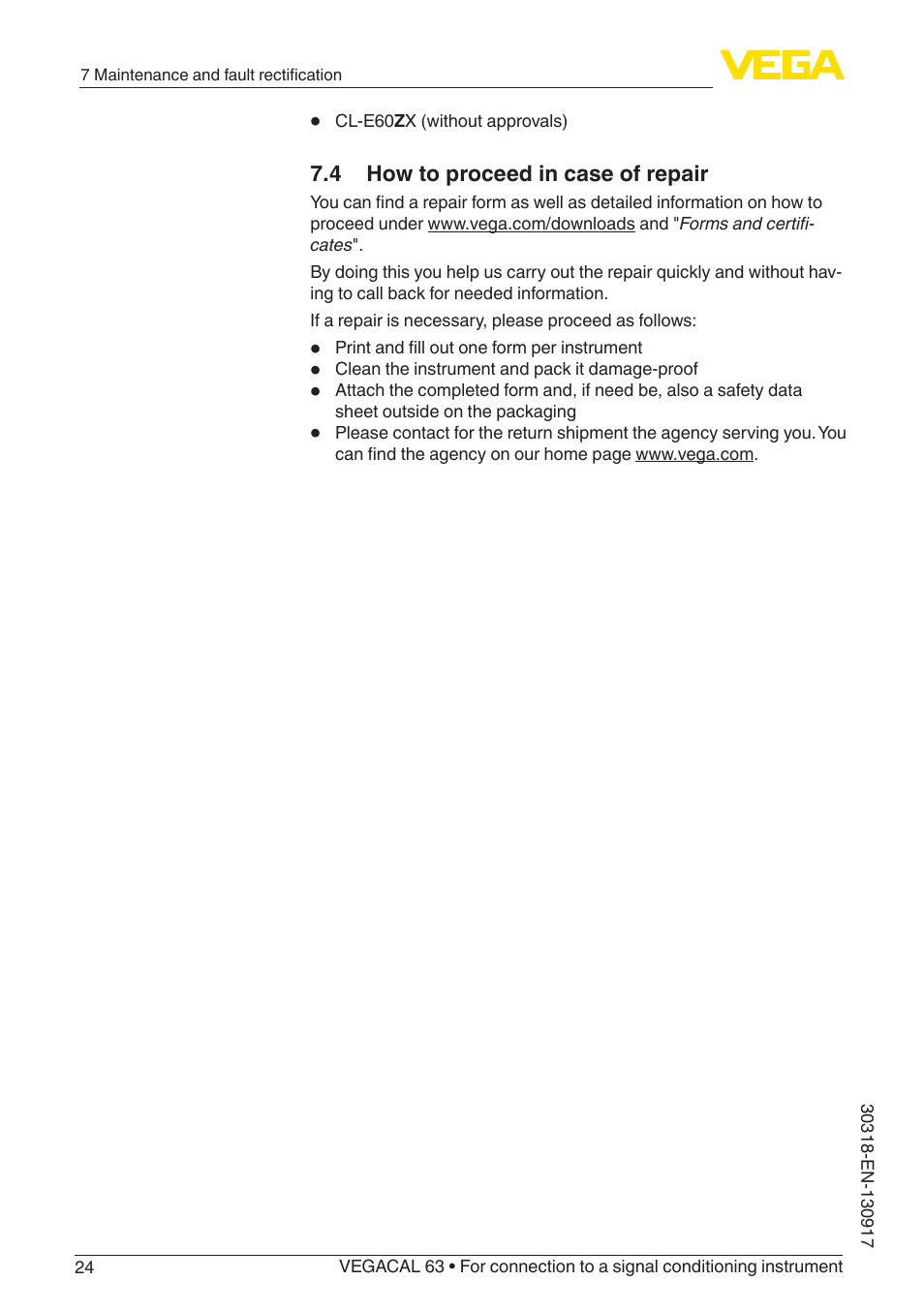 4 how to proceed in case of repair | VEGA VEGACAL 63 For connection to a signal conditioning instrument User Manual | Page 24 / 36