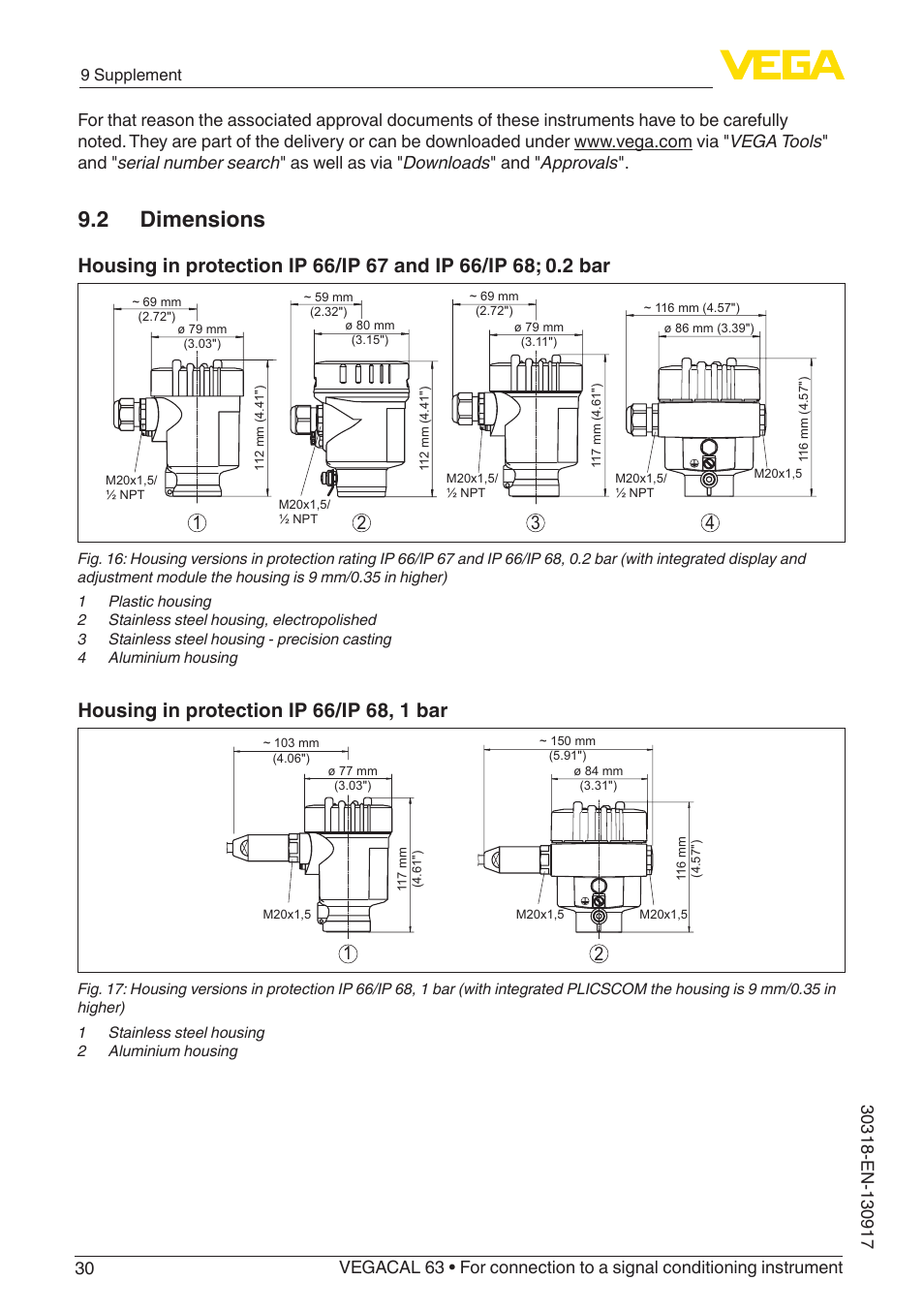 2 dimensions | VEGA VEGACAL 63 For connection to a signal conditioning instrument User Manual | Page 30 / 36