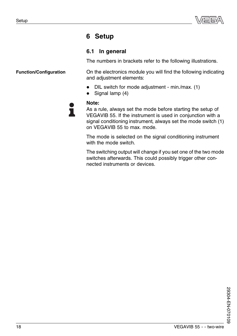 6 setup, 1 in general | VEGA VEGAVIB 55 - two-wire User Manual | Page 18 / 32