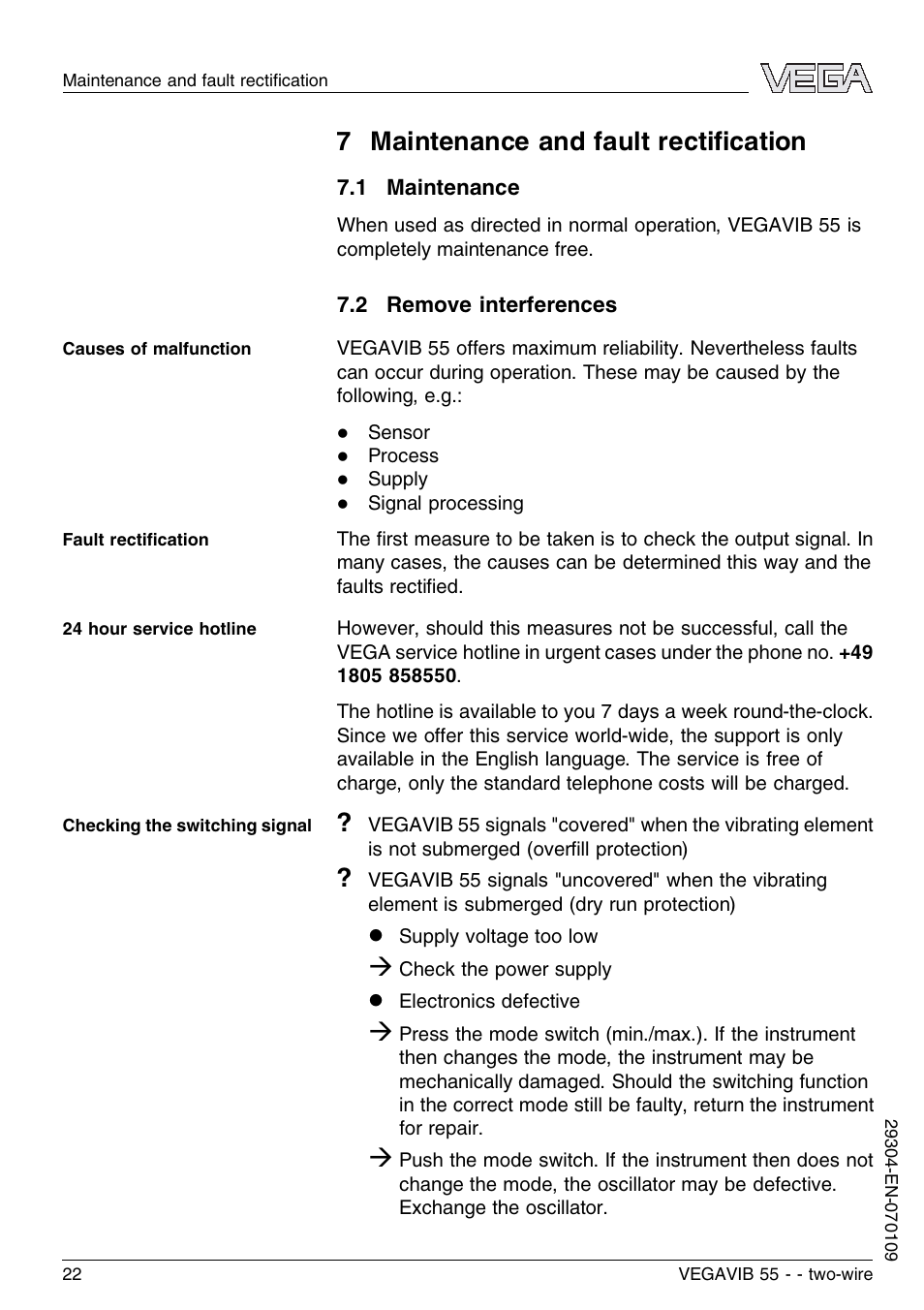 7 maintenance and fault rectification, 1 maintenance, 2 remove interferences | 7 maintenance and fault rectiﬁcation | VEGA VEGAVIB 55 - two-wire User Manual | Page 22 / 32