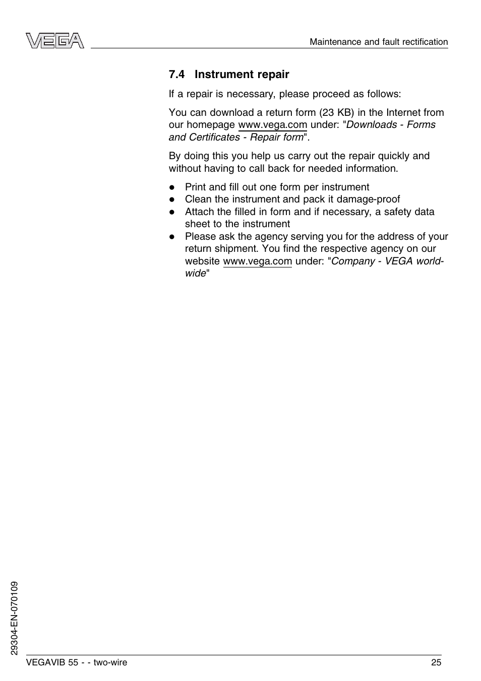 4 instrument repair | VEGA VEGAVIB 55 - two-wire User Manual | Page 25 / 32