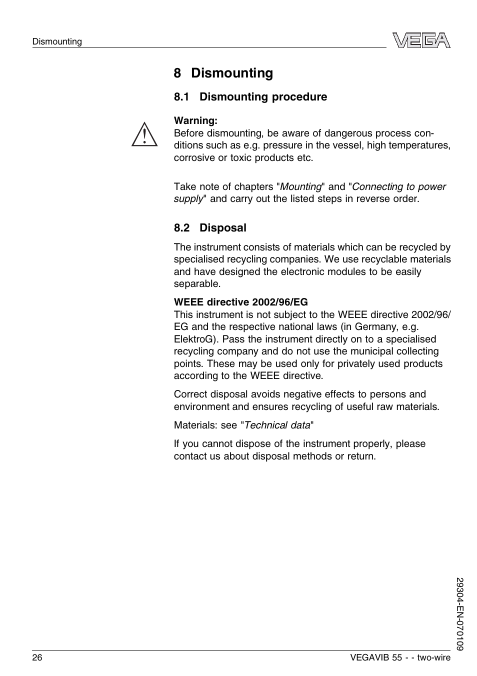 8 dismounting, 1 dismounting procedure, 2 disposal | VEGA VEGAVIB 55 - two-wire User Manual | Page 26 / 32