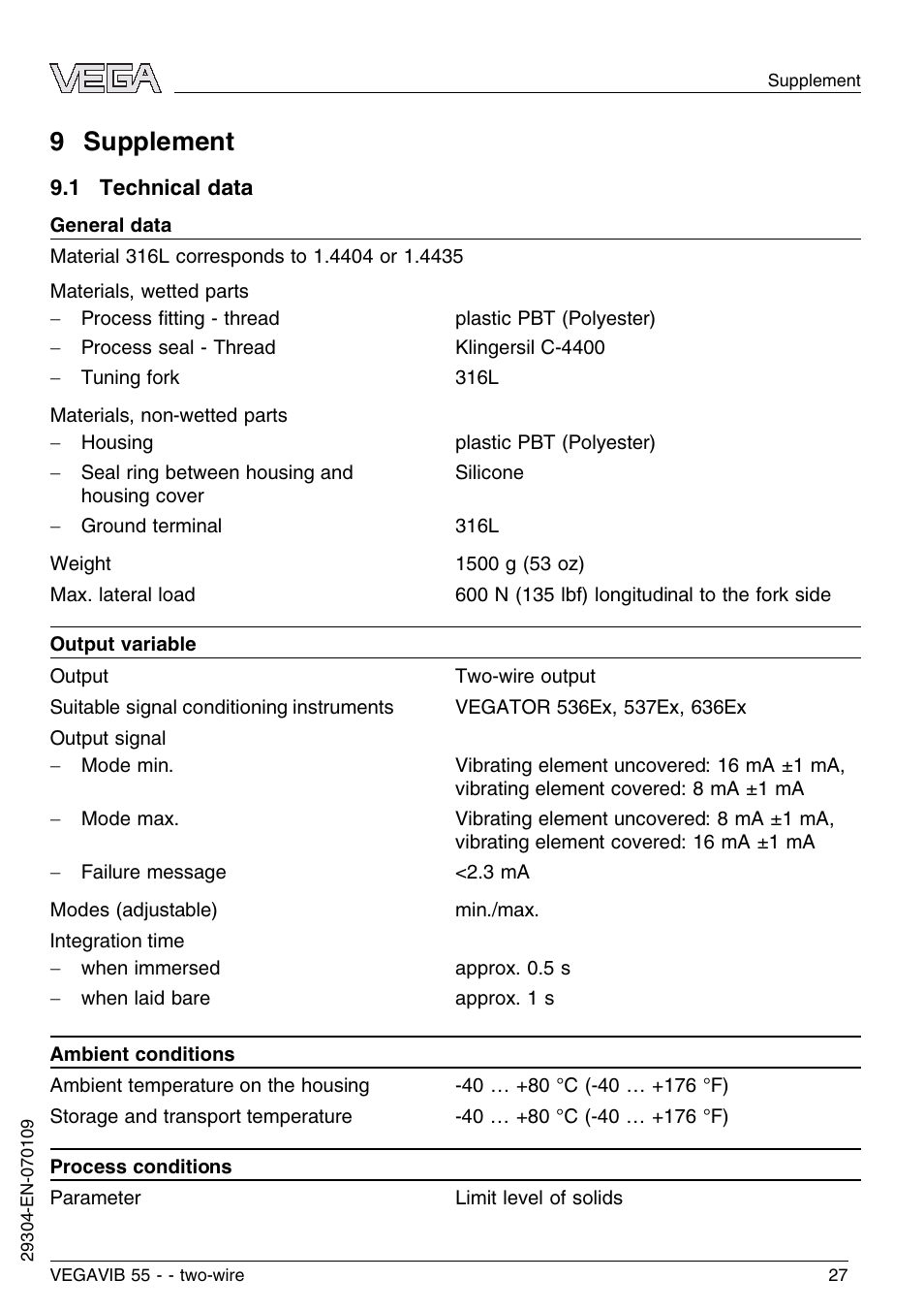 9 supplement, 1 technical data | VEGA VEGAVIB 55 - two-wire User Manual | Page 27 / 32