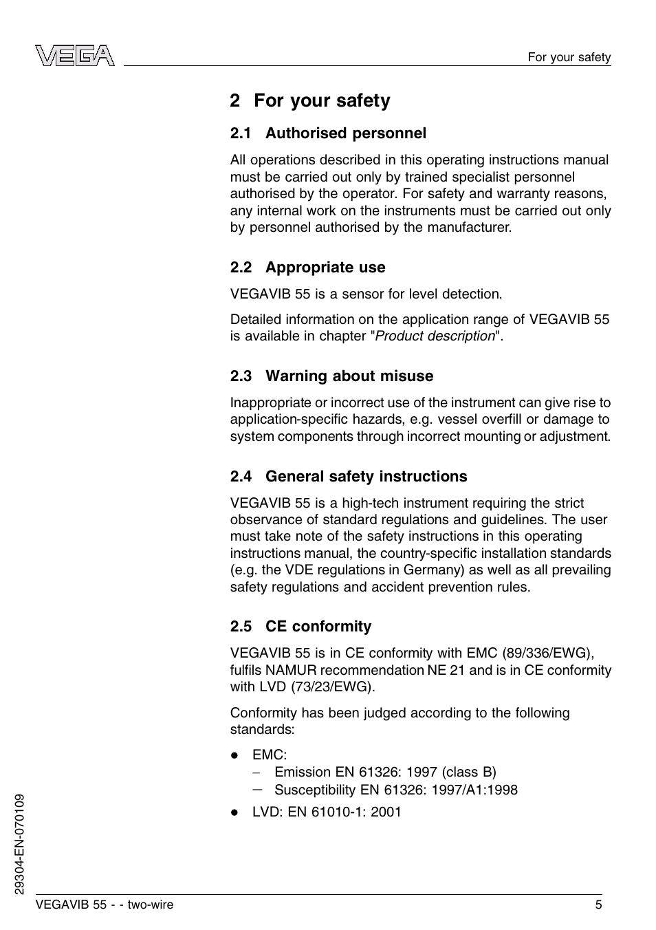 2 for your safety, 1 authorised personnel, 2 appropriate use | 3 warning about misuse, 4 general safety instructions, 5 ce conformity | VEGA VEGAVIB 55 - two-wire User Manual | Page 5 / 32