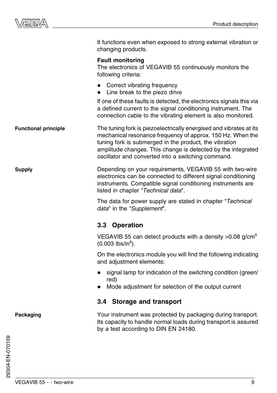 3 operation, 4 storage and transport | VEGA VEGAVIB 55 - two-wire User Manual | Page 9 / 32