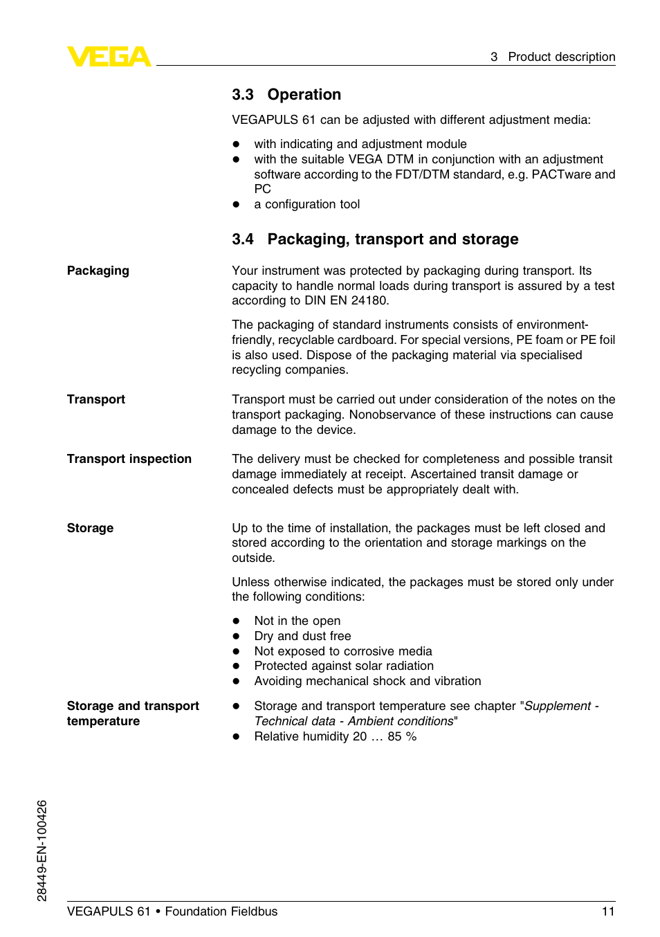 3 operation, 4 packaging, transport and storage | VEGA VEGAPULS 61 (≥ 2.0.0 - ≤ 3.8) Foundation Fieldbus User Manual | Page 11 / 76