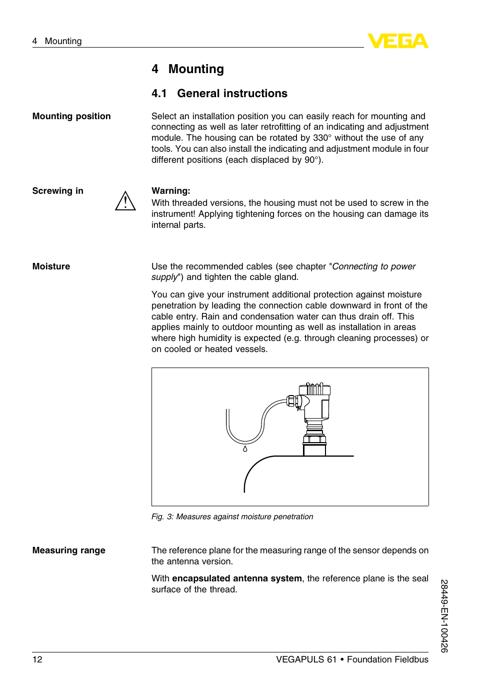 4 mounting, 1 general instructions, 4mounting | VEGA VEGAPULS 61 (≥ 2.0.0 - ≤ 3.8) Foundation Fieldbus User Manual | Page 12 / 76