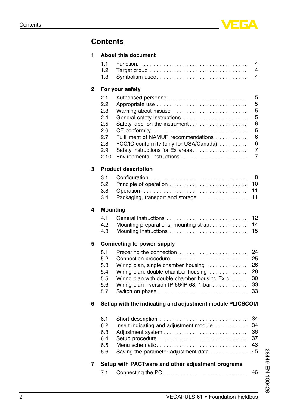 VEGA VEGAPULS 61 (≥ 2.0.0 - ≤ 3.8) Foundation Fieldbus User Manual | Page 2 / 76