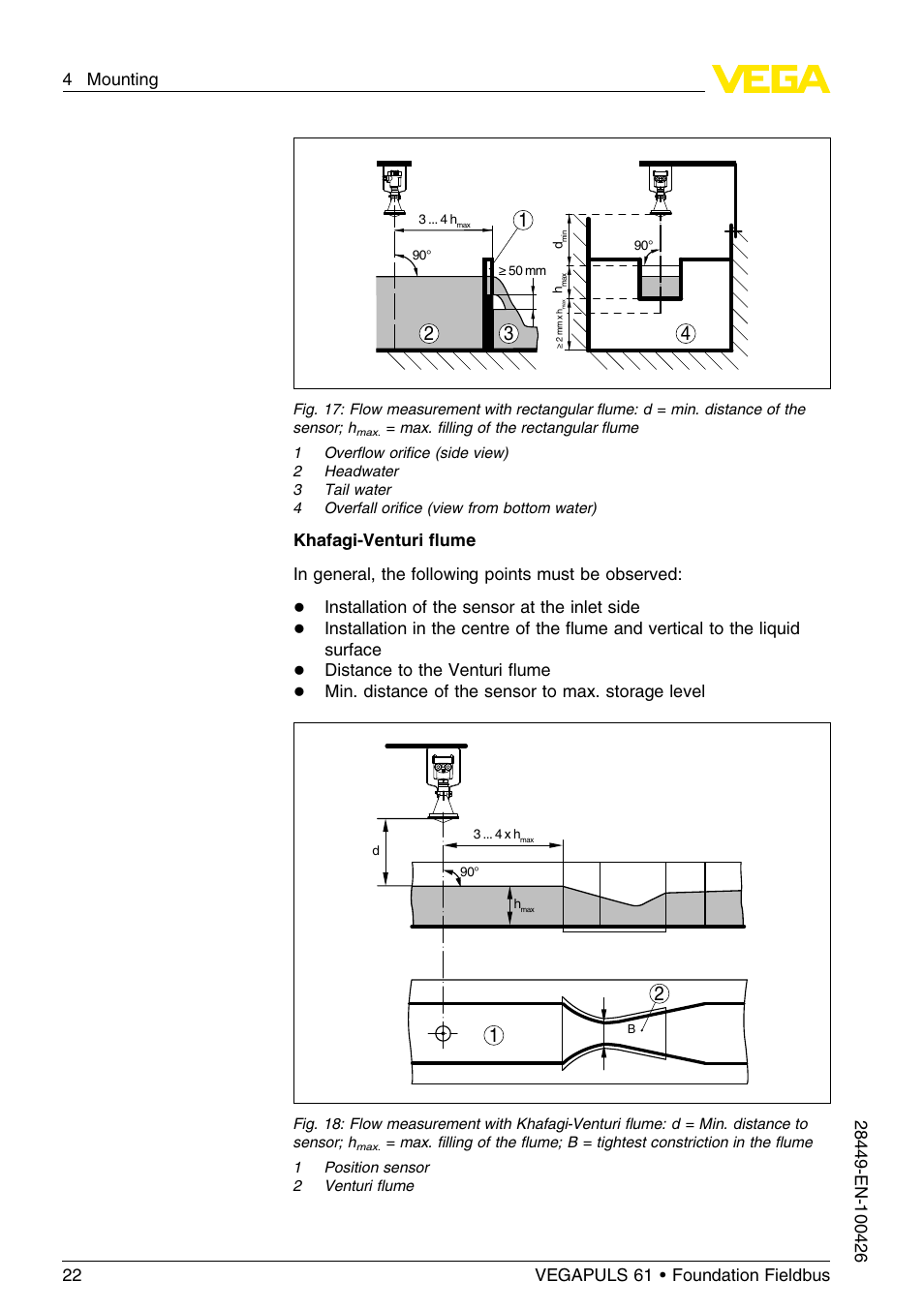 Installation of the sensor at the inlet side, Distance to the venturi ﬂume, Min. distance of the sensor to max. storage level | VEGA VEGAPULS 61 (≥ 2.0.0 - ≤ 3.8) Foundation Fieldbus User Manual | Page 22 / 76