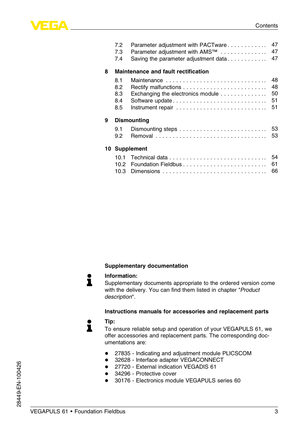 VEGA VEGAPULS 61 (≥ 2.0.0 - ≤ 3.8) Foundation Fieldbus User Manual | Page 3 / 76