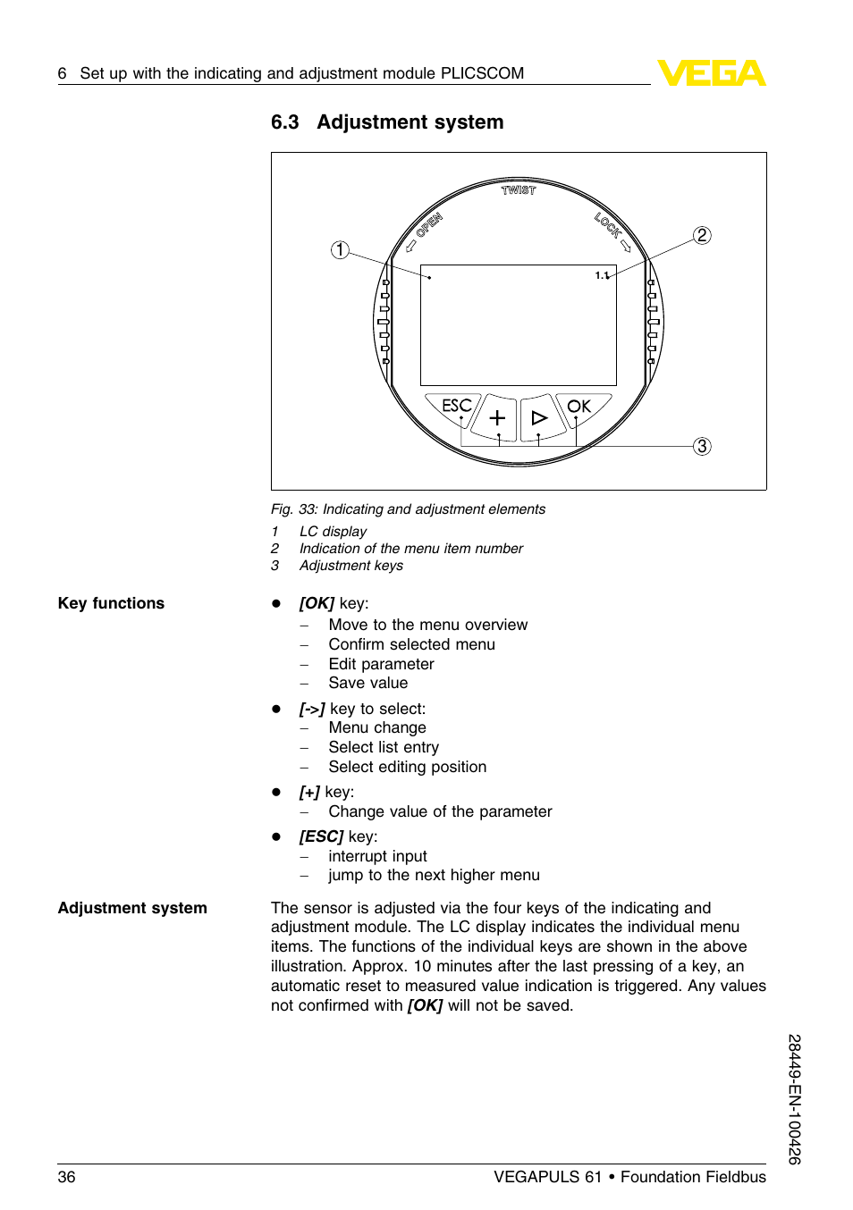 3 adjustment system | VEGA VEGAPULS 61 (≥ 2.0.0 - ≤ 3.8) Foundation Fieldbus User Manual | Page 36 / 76