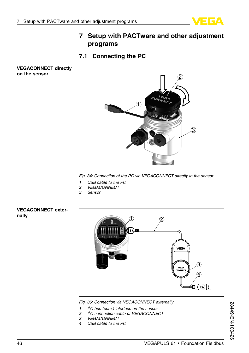 1 connecting the pc, 7setup with pactware and other adjustment programs, 1 connecting the pc 3 1 2 | VEGA VEGAPULS 61 (≥ 2.0.0 - ≤ 3.8) Foundation Fieldbus User Manual | Page 46 / 76