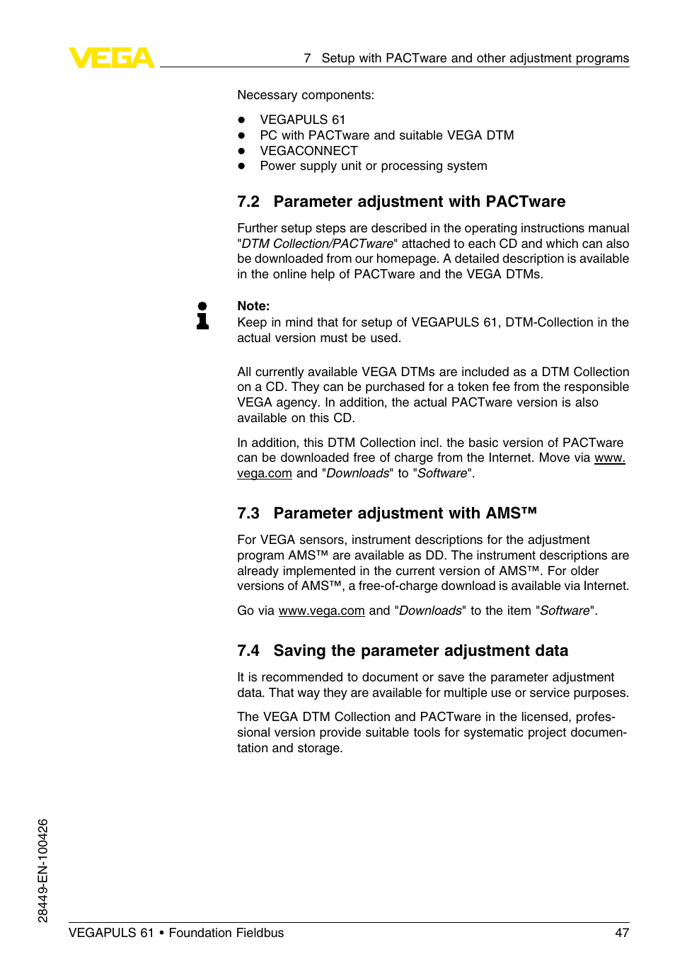 2 parameter adjustment with pactware, 3 parameter adjustment with ams, 4 saving the parameter adjustment data | VEGA VEGAPULS 61 (≥ 2.0.0 - ≤ 3.8) Foundation Fieldbus User Manual | Page 47 / 76