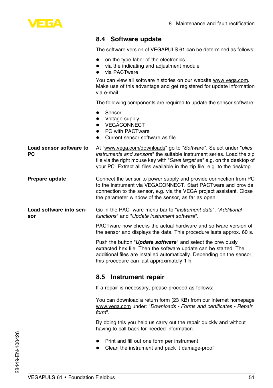 4 software update, 5 instrument repair | VEGA VEGAPULS 61 (≥ 2.0.0 - ≤ 3.8) Foundation Fieldbus User Manual | Page 51 / 76