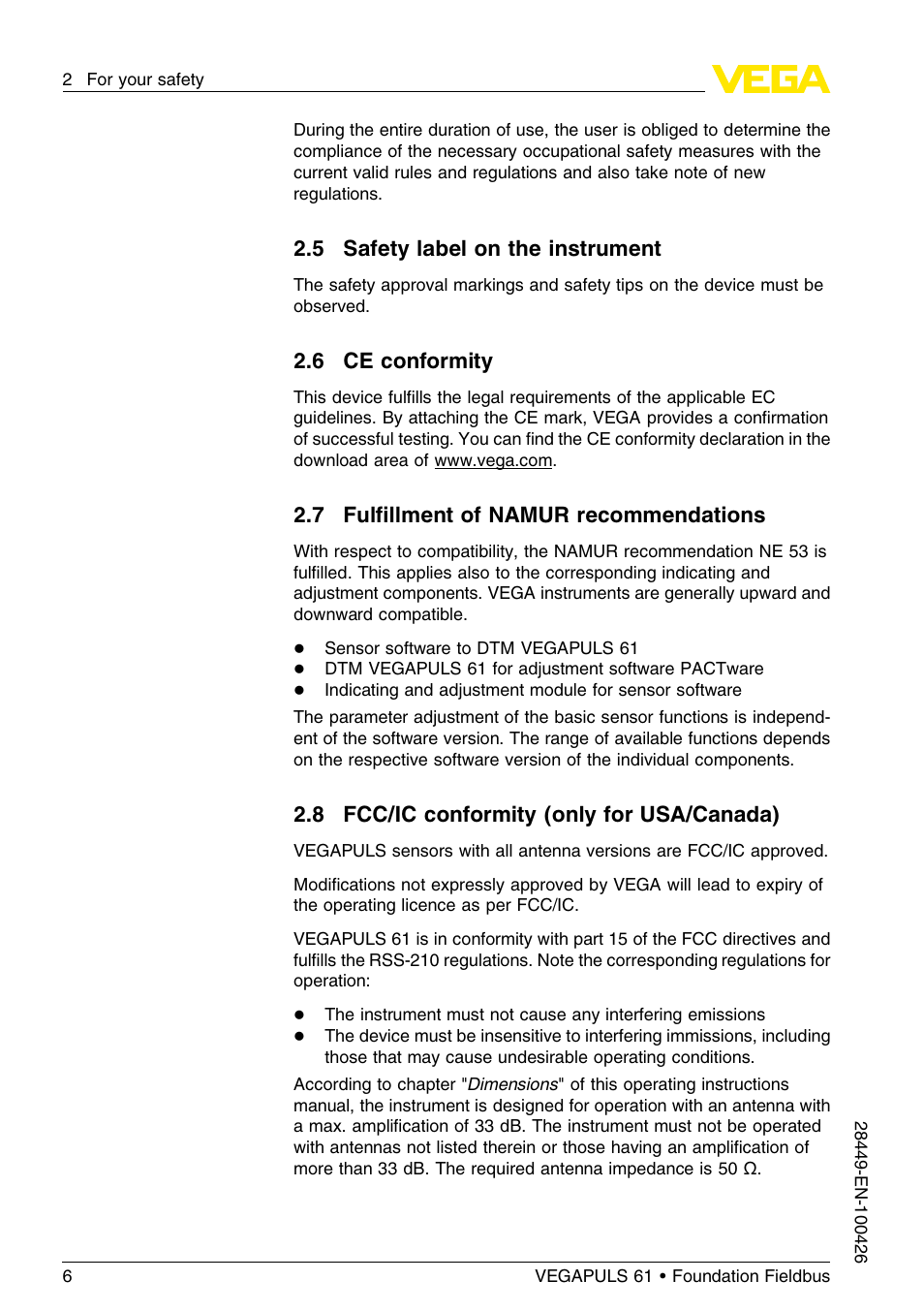 5 safety label on the instrument, 6 ce conformity, 7 fulfillment of namur recommendations | 8 fcc/ic conformity (only for usa/canada), 7 fulﬁllment of namur recommendations | VEGA VEGAPULS 61 (≥ 2.0.0 - ≤ 3.8) Foundation Fieldbus User Manual | Page 6 / 76